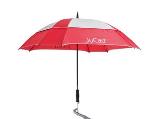 JuCad teleskopiskt golfparaply 68" fyrkantigt & vindtåligt med pinne, röd/silver