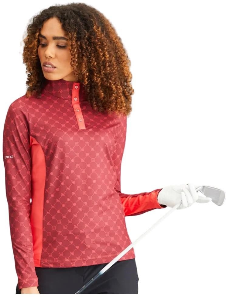 PING Lolette Printed långärmad dampolotröja, tibetan red multi/cayenne