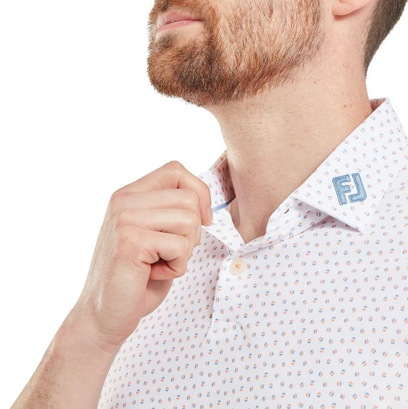 FootJoy Bounce Print Pique herr polo, white/orange/blue jay