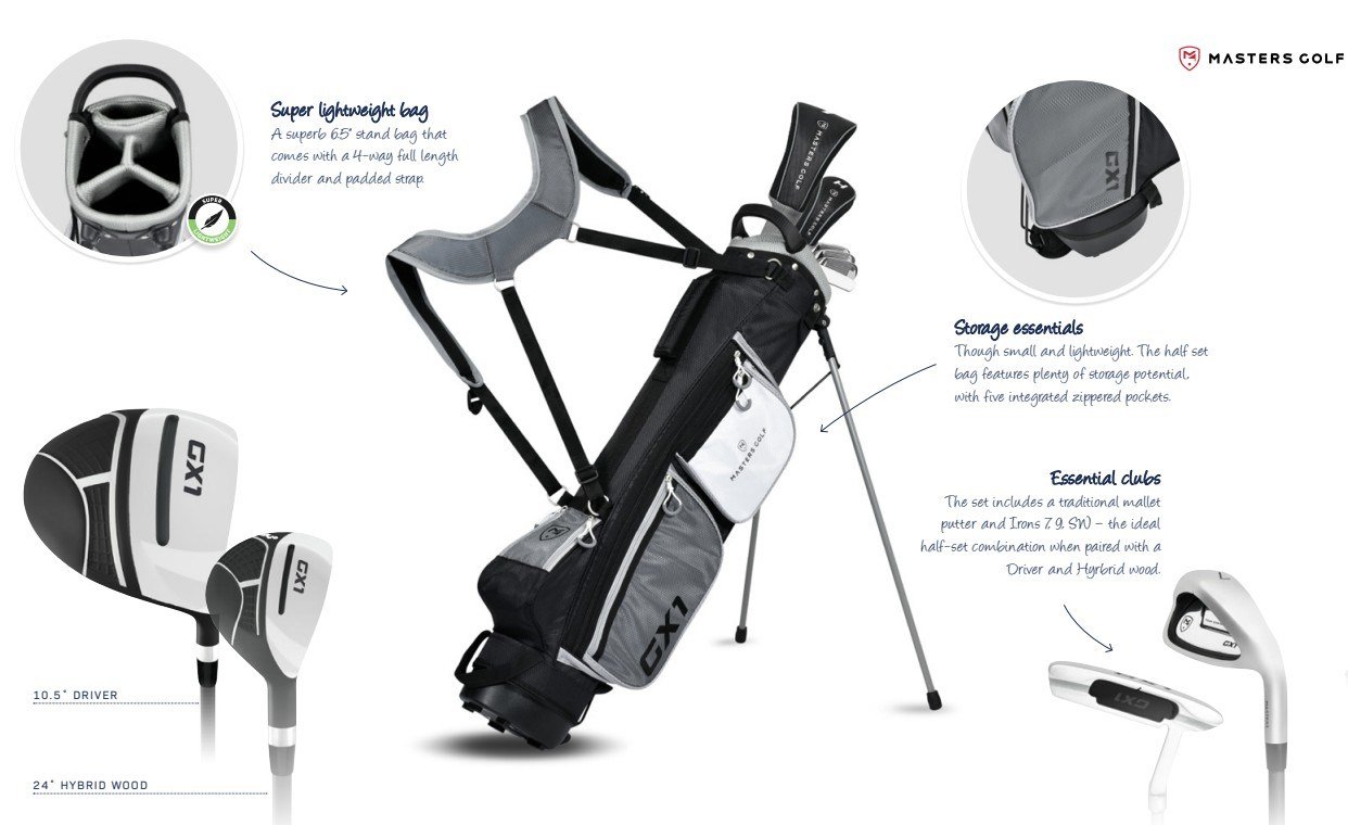 Masters GX1 Gts herr golf halvset, grafit + stand bag, svart/grå/vit