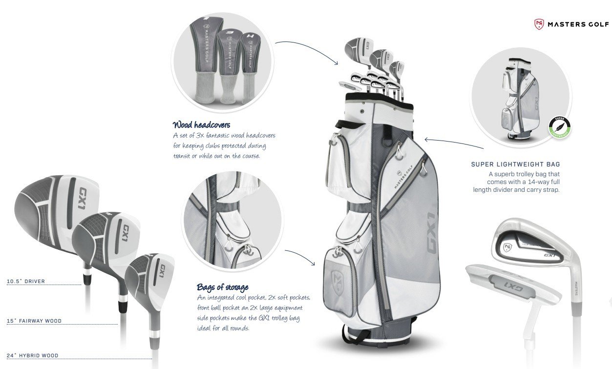 Masters GX1 dam golfset, grafit + cart bag
