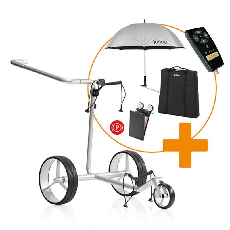 JuStar Carbon Light SET (incl. umbrella, scorecard holder, carry bag, el. parking brake) + REMOTE CONTROL elektrisk vagn, titanium