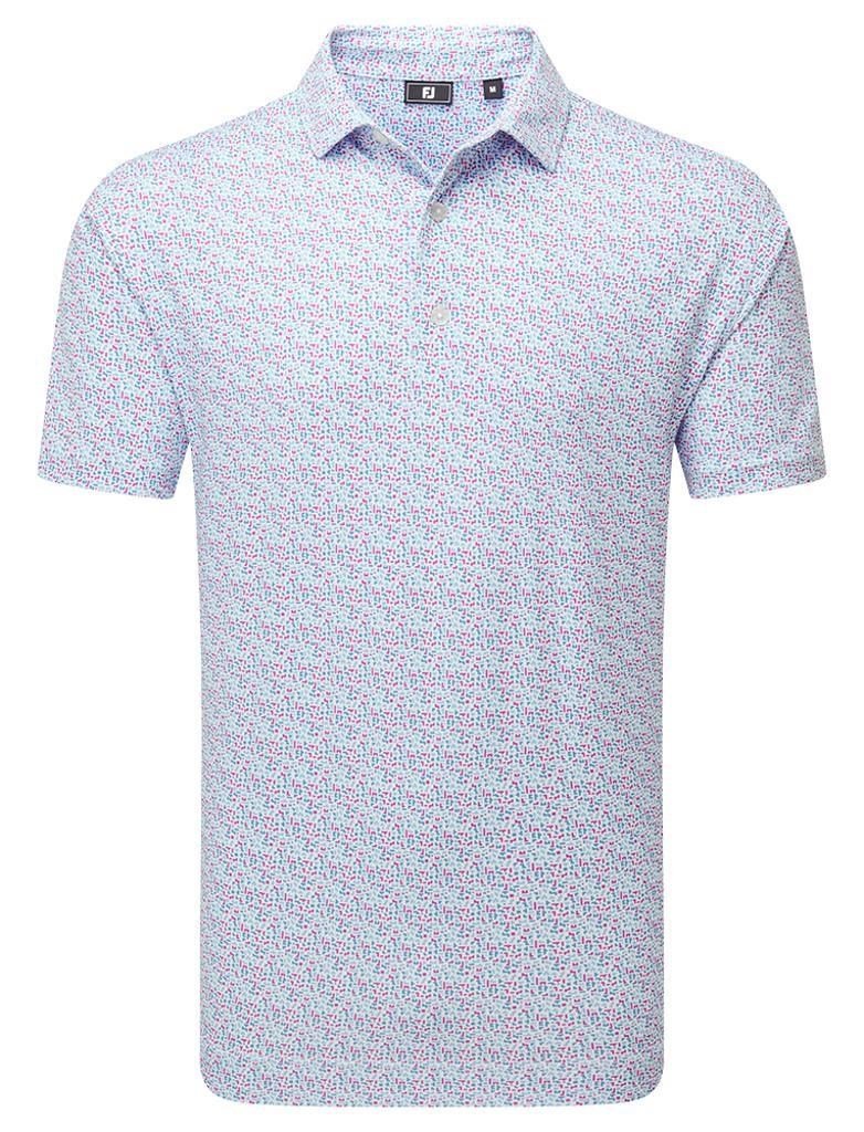 FootJoy Gamer Print Pique herr polo, white/air blue/tide/magenta