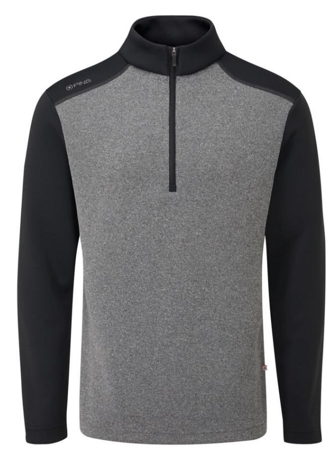 PING Ramsey half zip ribbed fleece herr pullover, svart melerad/svart