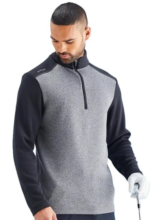 PING Ramsey half zip ribbed fleece herr pullover, svart melerad/svart