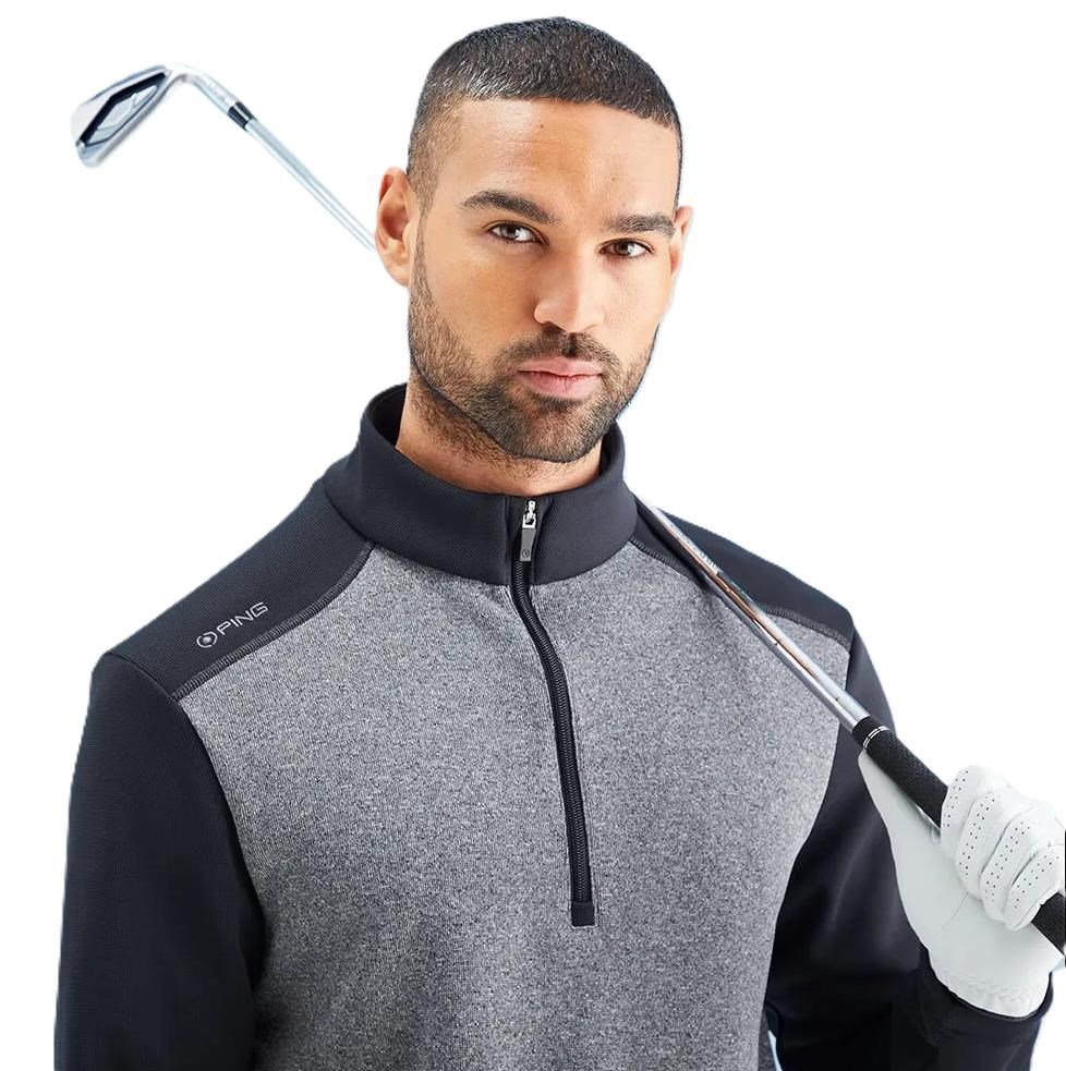 PING Ramsey half zip ribbed fleece herr pullover, svart melerad/svart