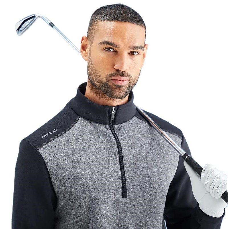 PING Ramsey half zip ribbed fleece herr pullover, svart melerad/svart