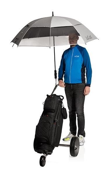 JuCad teleskopiskt golfparaply 68" fyrkantigt & vindtåligt med 2 visningsfönster med pin, silver (UV-skydd)