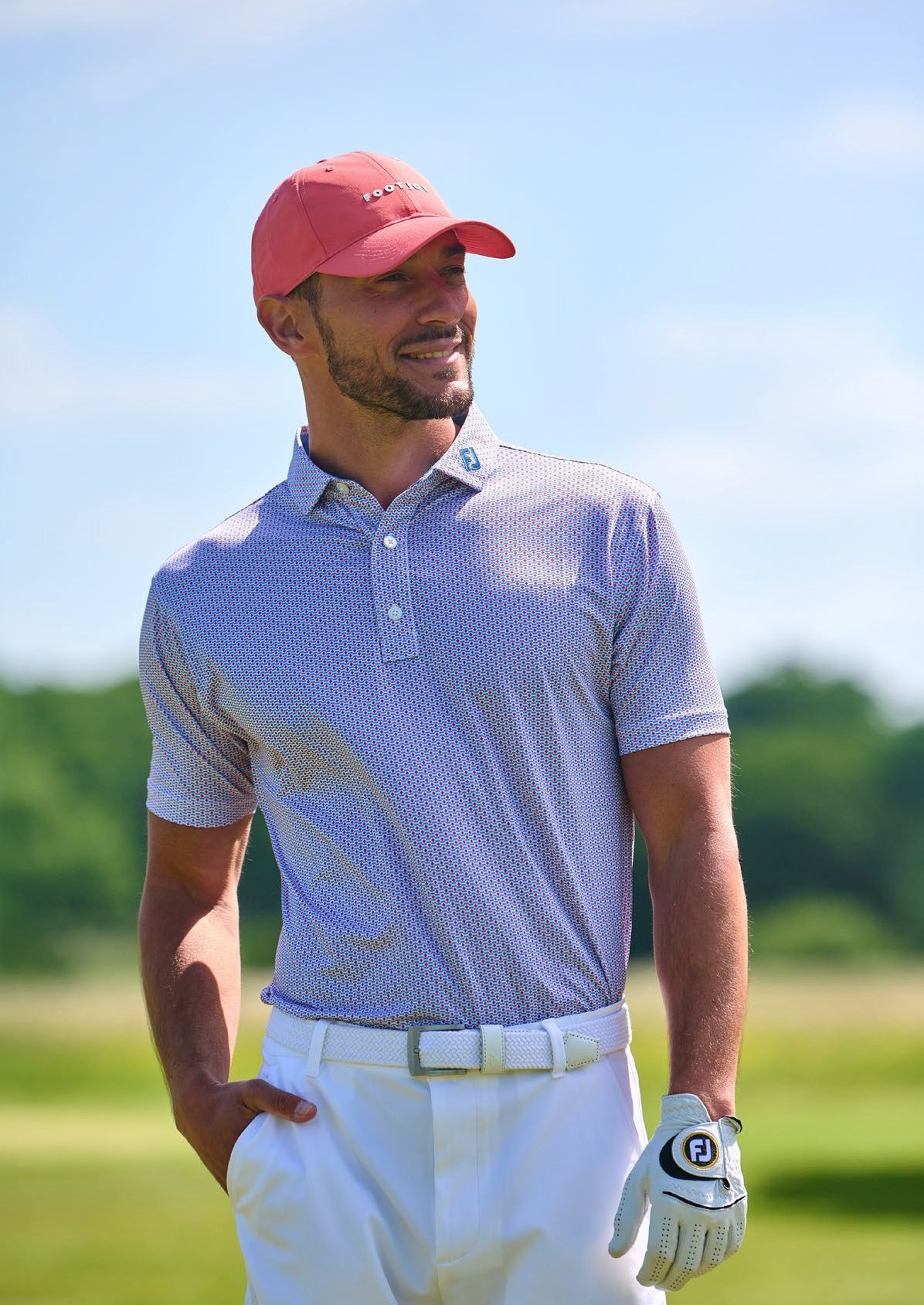 FootJoy Nautical Flag Print Lisle herr polo, nantucket red/coastal blue