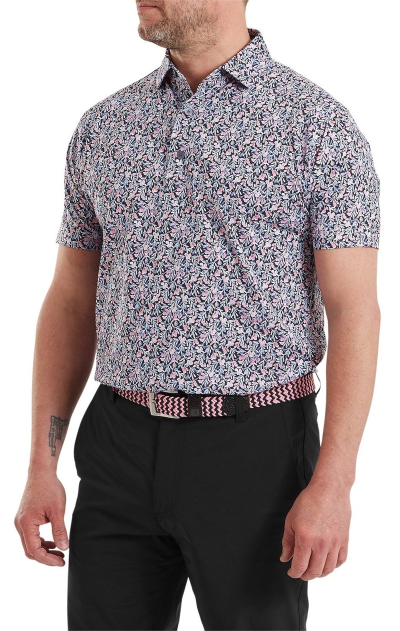 FootJoy Meadow Print Lisle herr polo, black/vivid violet/pink pop