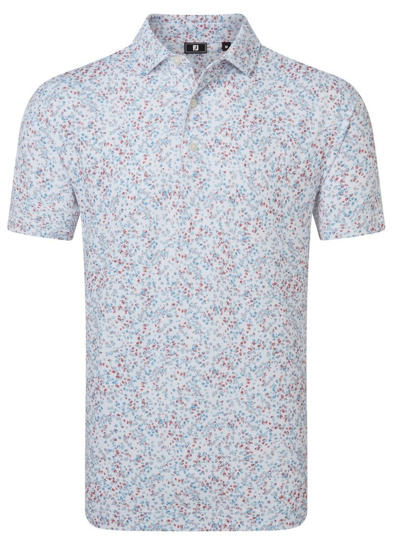 FootJoy Watercolour Floral Print Pique herr polo, white/chambray/nantucket red