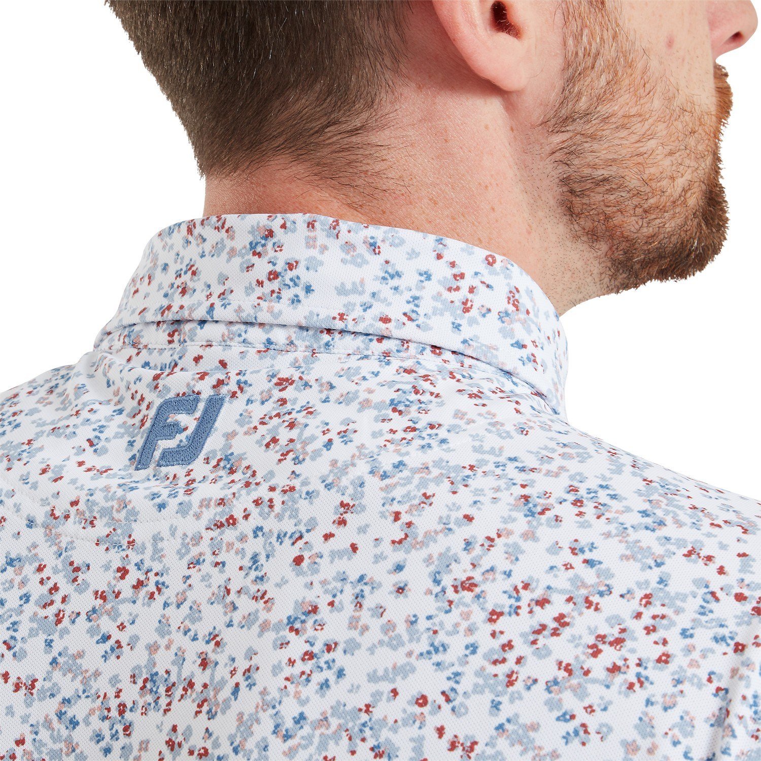 FootJoy Watercolour Floral Print Pique herr polo, white/chambray/nantucket red