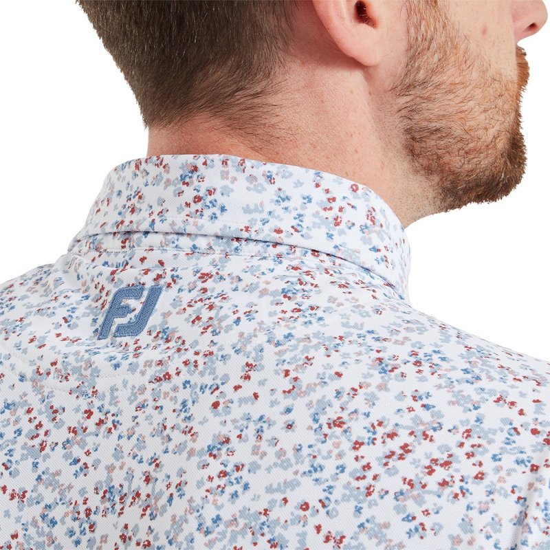 FootJoy Watercolour Floral Print Pique herr polo, white/chambray/nantucket red