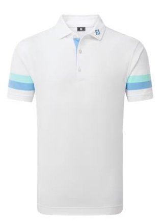 FootJoy Sleeve Stripe Pique herr polo, vit/blue reef/sea glass