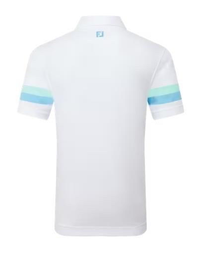 FootJoy Sleeve Stripe Pique herr polo, vit/blue reef/sea glass