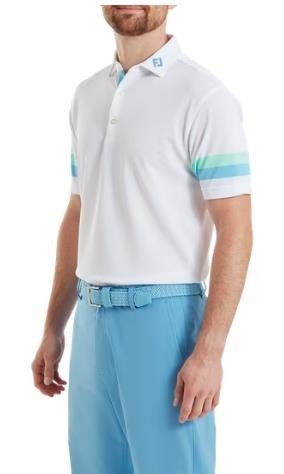 FootJoy Sleeve Stripe Pique herr polo, vit/blue reef/sea glass