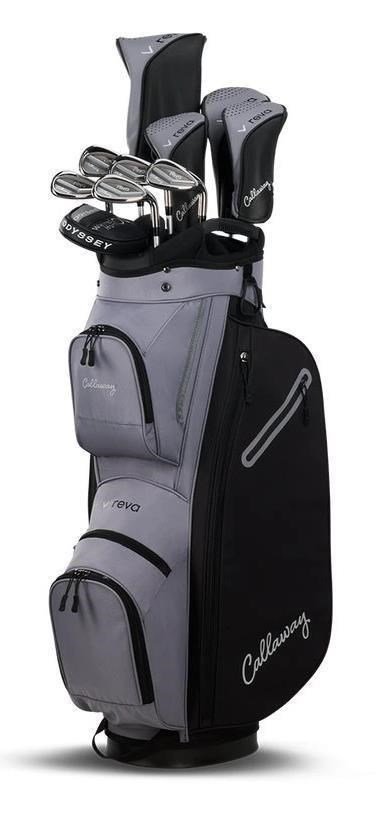 Komplett golfset med klubbor uppställda i en bag