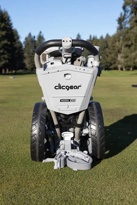 Trehjulig golfvagn sedd från sidan med hopfällbar ram