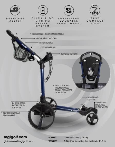 MGI E-Boost hybrid golfvagn, marinblå