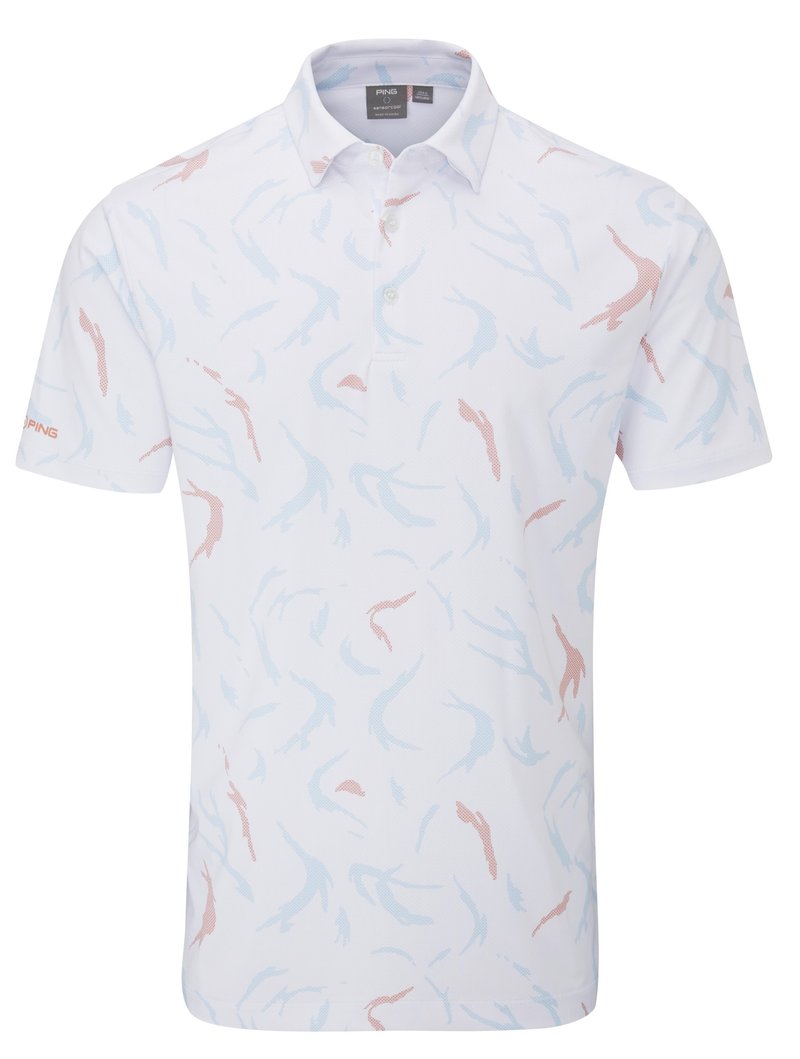 PING Ephron Printed herr polo, vit/wild salmon multi