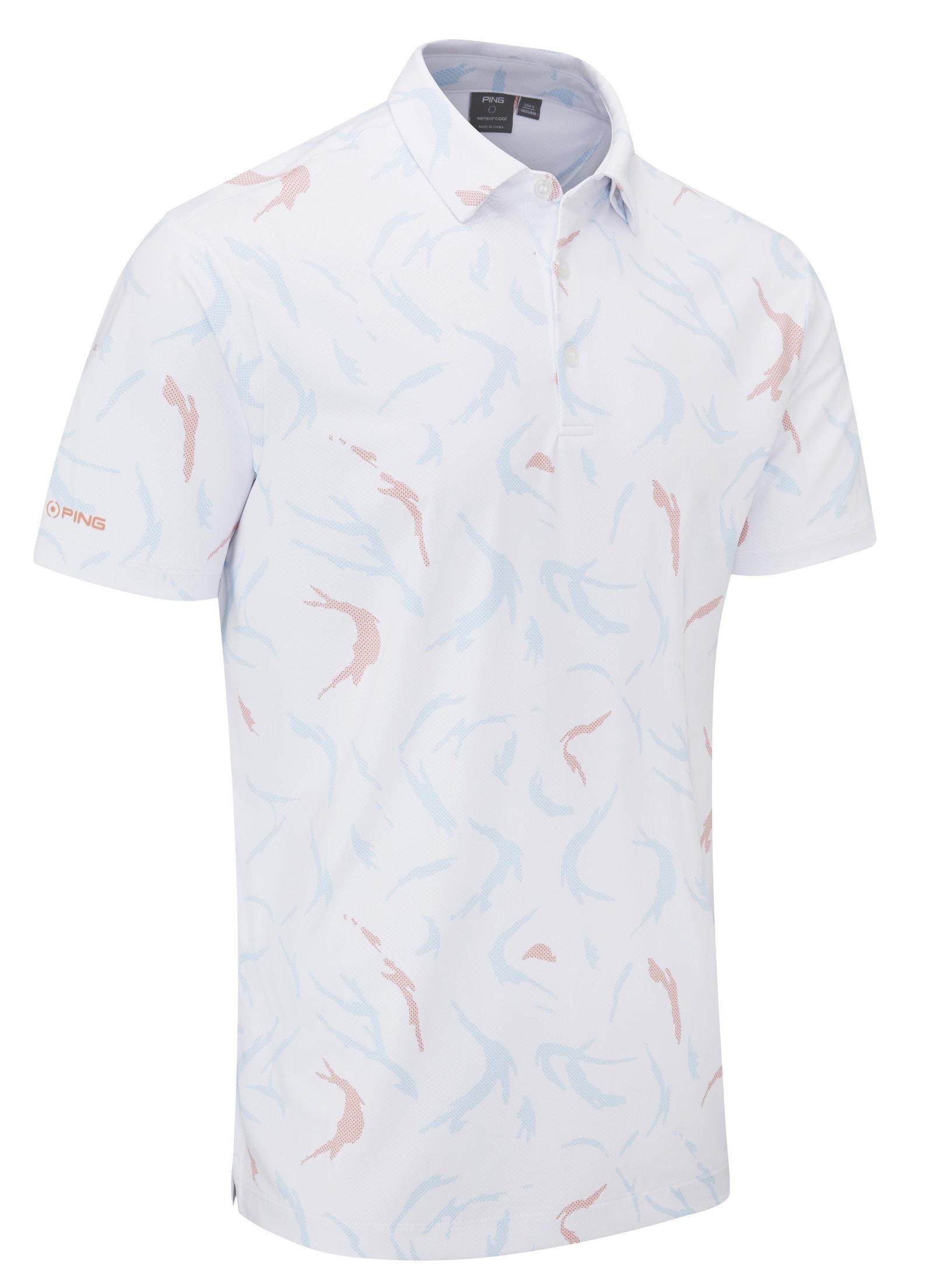 PING Ephron Printed herr polo, vit/wild salmon multi