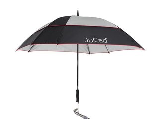 JuCad teleskopiskt golfparaply 68" fyrkantigt & vindtåligt med pinne, svart/silver/röd