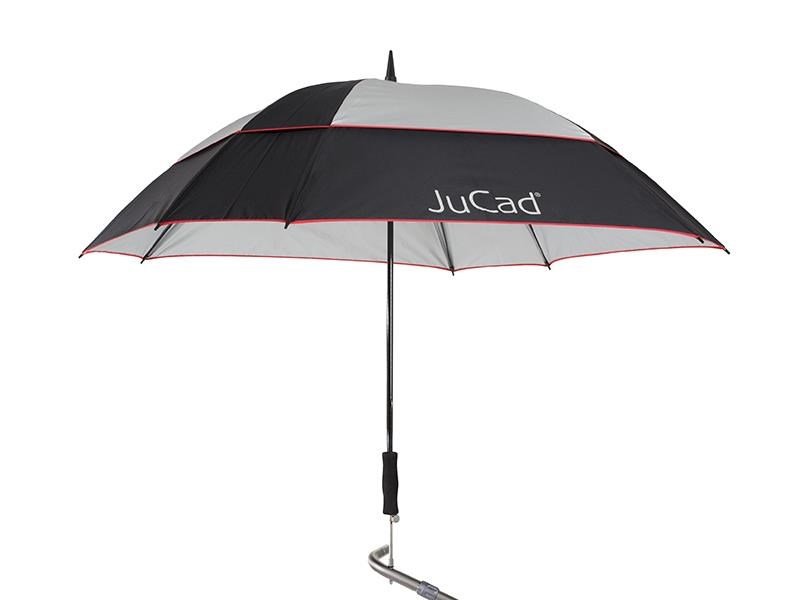 JuCad teleskopiskt golfparaply 68" fyrkantigt & vindtåligt med pinne, svart/silver/röd