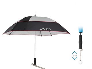 JuCad teleskopiskt golfparaply 68" fyrkantigt & vindtåligt med pinne, svart/silver/röd