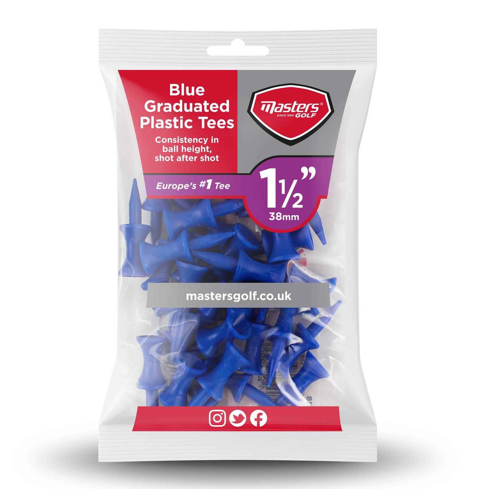 Masters Graduated Castle plastpinnar 37mm (1 1/2"), 30 tees, blå