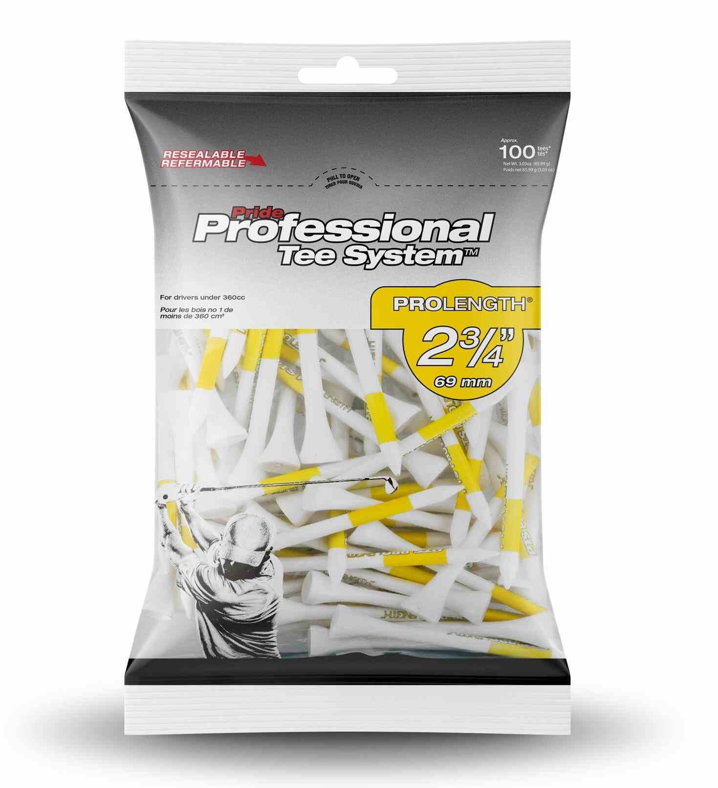 Pride Professional Tee System Prolength Yellow wood tees 69mm (2 3/4"), 100tees