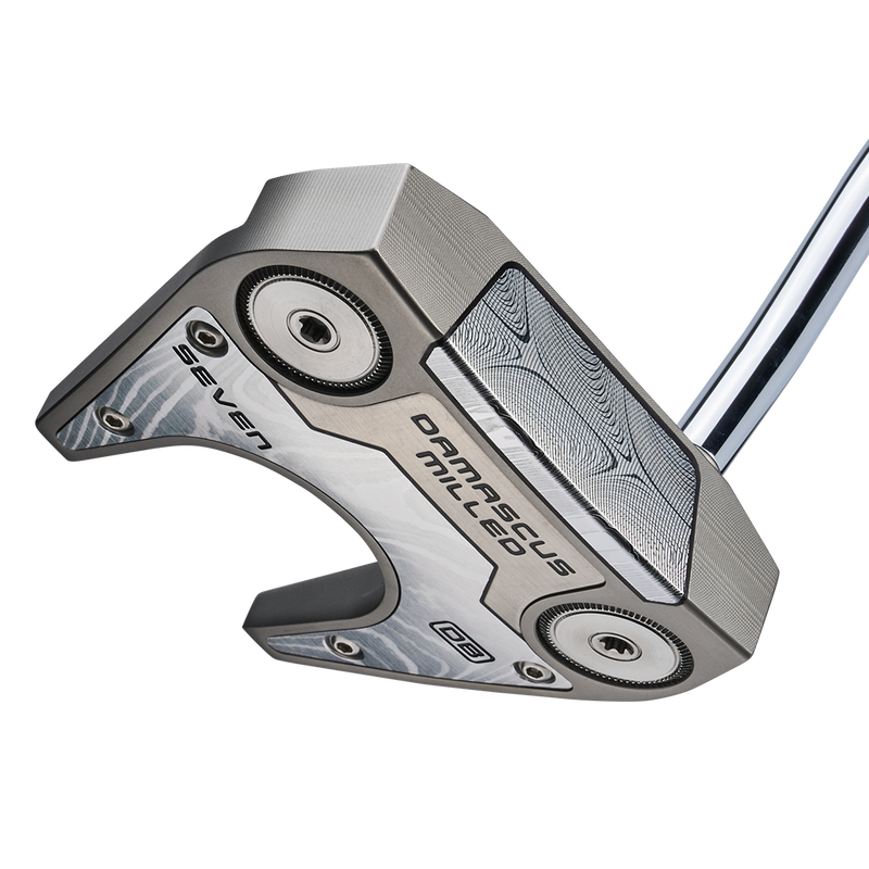Blästrad silverfinish på Damascus Milled-putter — vy över sula och insats