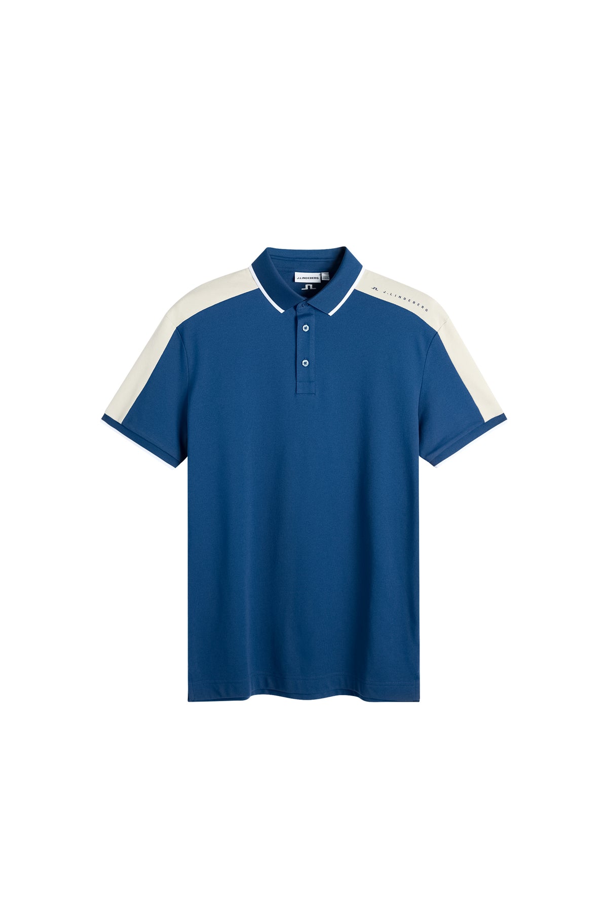 J.Lindeberg Jace Polo Estate Blue – framifrån som visar det ventilerande tyget och kontrasterande axelpaneler