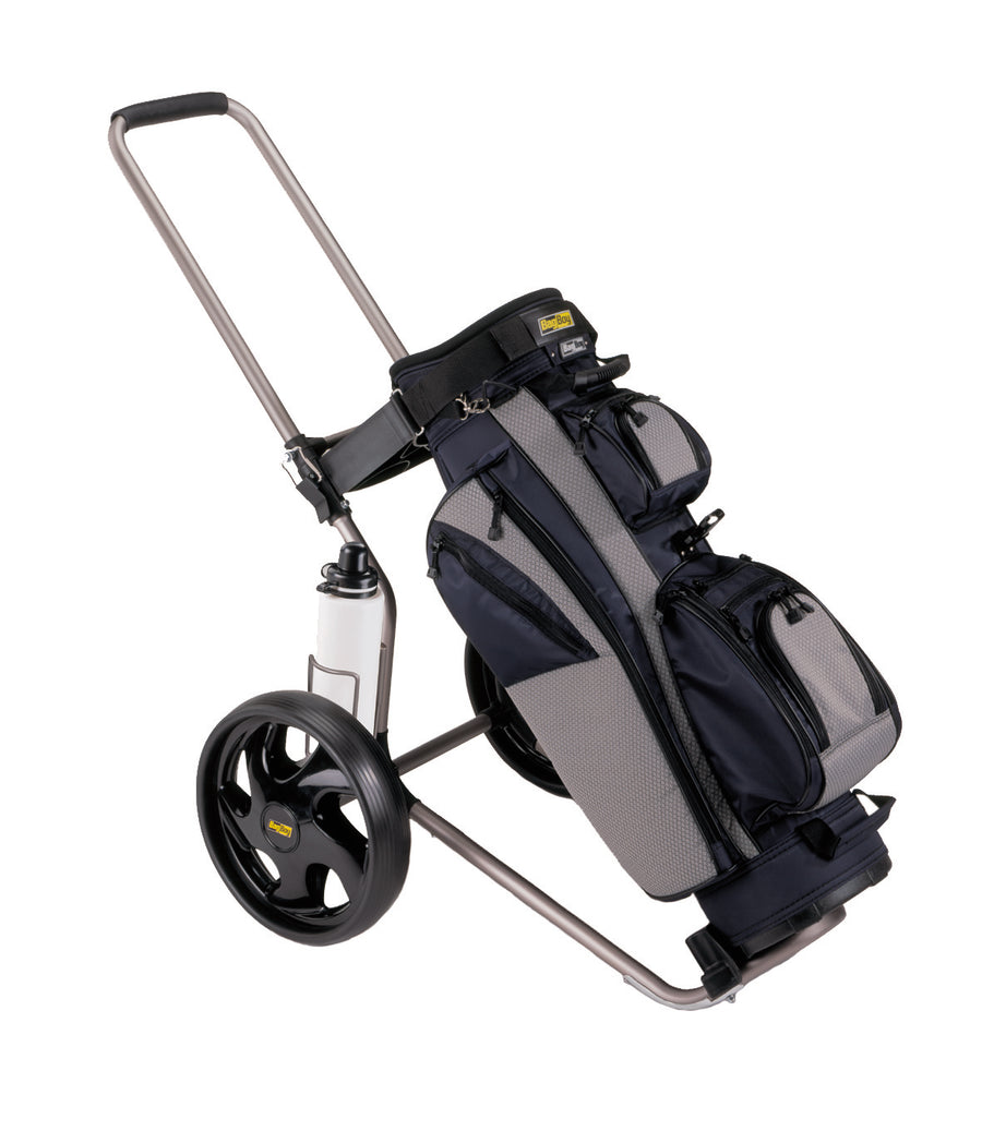Bag Boy Rental Dual Tube med monterad bag, visar hopfällbar ram