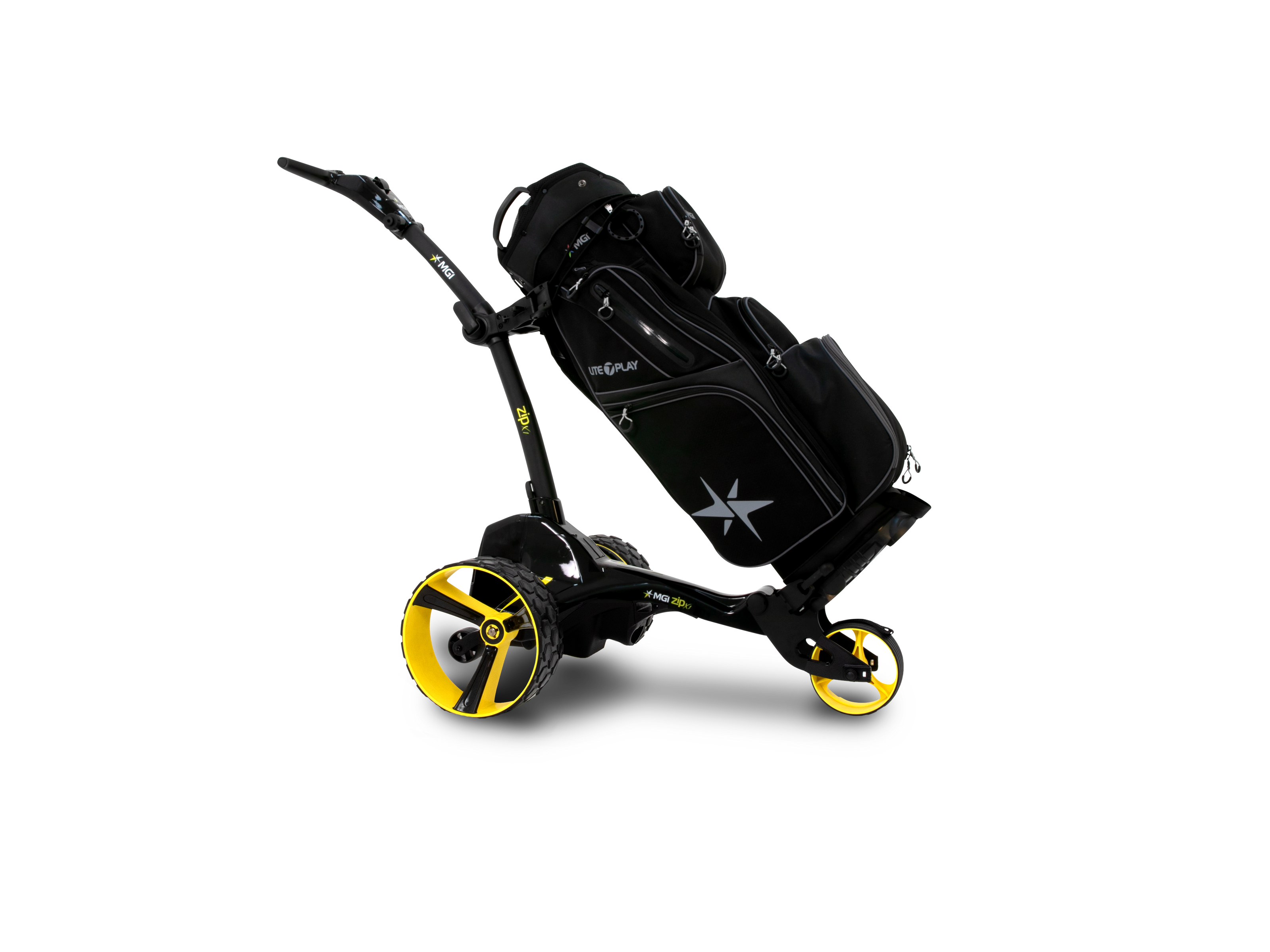 MGI Zip X1 med golfbag monterad – ergonomiskt T-handtag och GPS-hållare