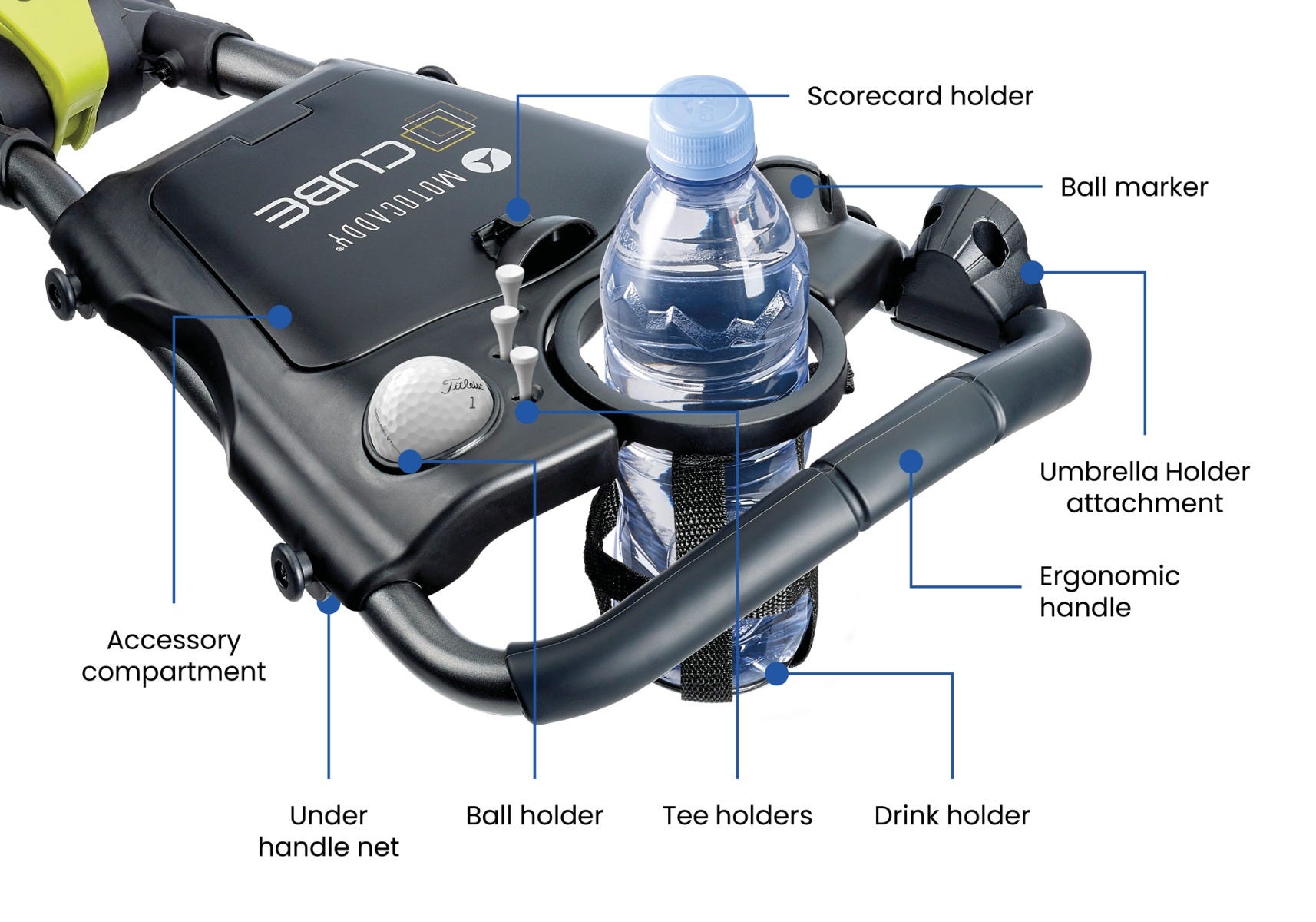 Motocaddy CUBE ergonomiskt handtag och integrerad förvaring detalj