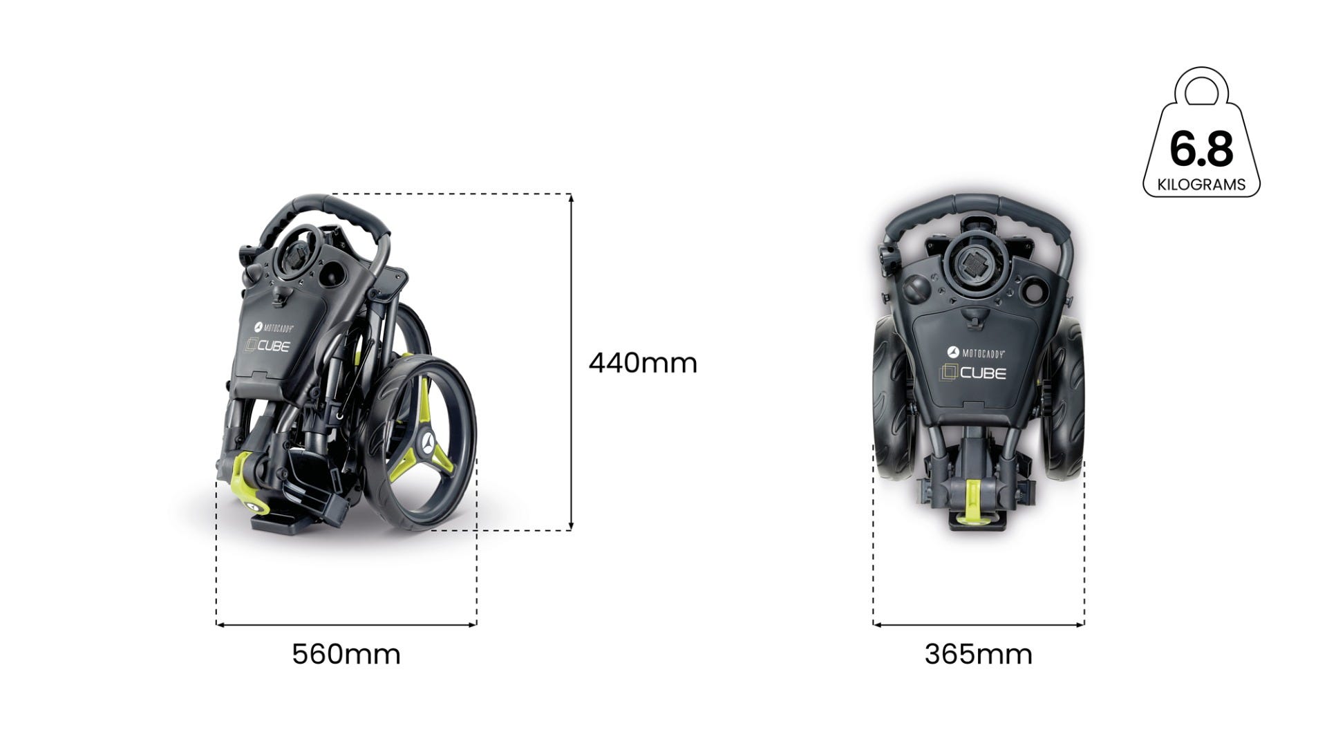 Motocaddy CUBE specifikationer, hjul och måttdiagram