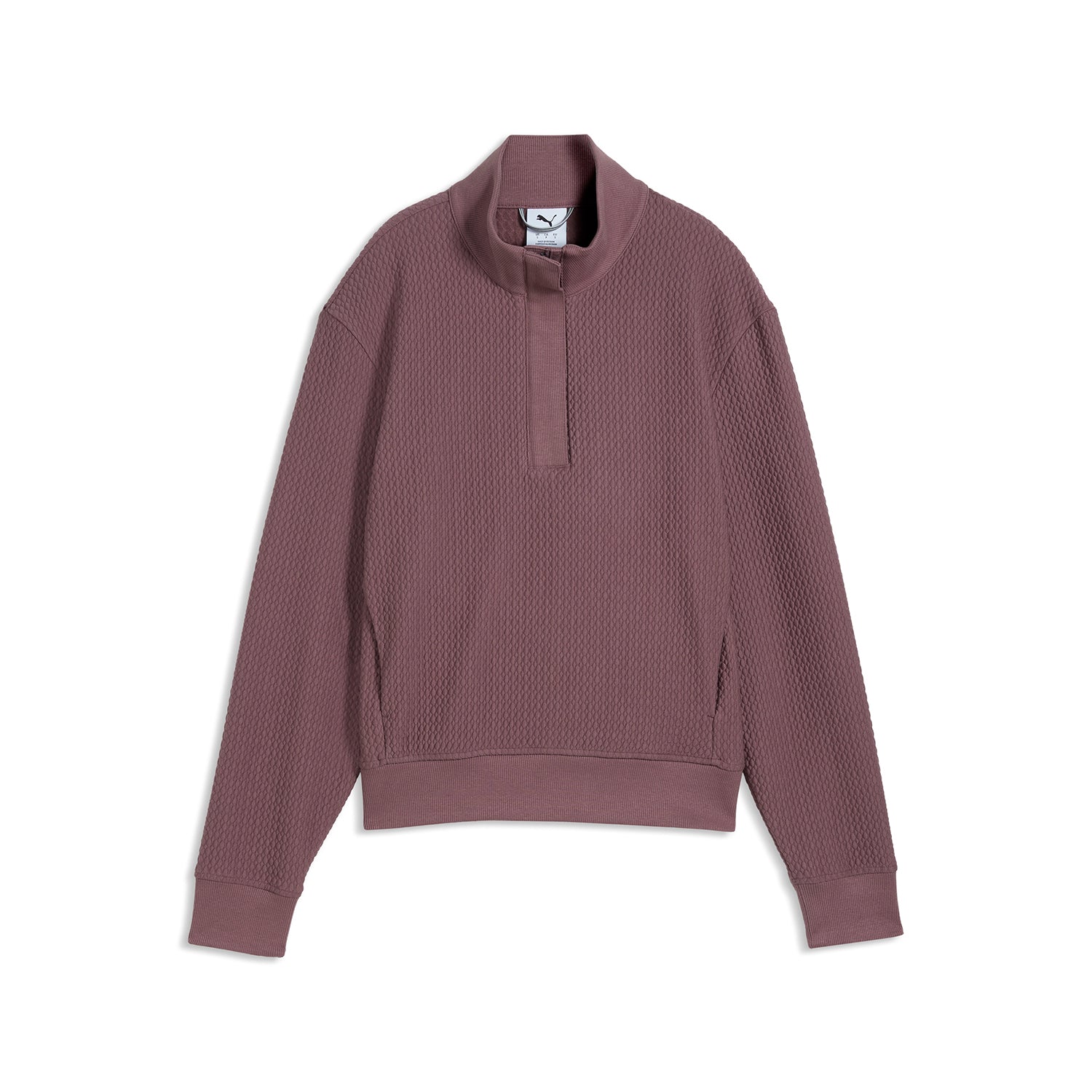 Puma Boulder Ladies 1/4 Zip sweatshirt i Rich Cocoa – framifrån som visar våffeltygets textur och ståkrage