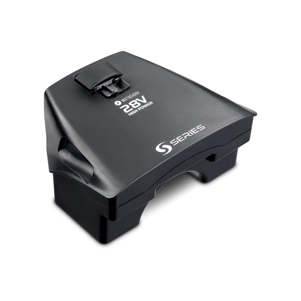Motocaddy S-Series 28V Standard Lithium Battery side view showing CLICK N CONNECT port