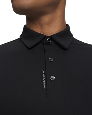 UA ArmourDry pikétröja krage och knappslå detalj som visar strukturerade kragstöd och limmad knappslå