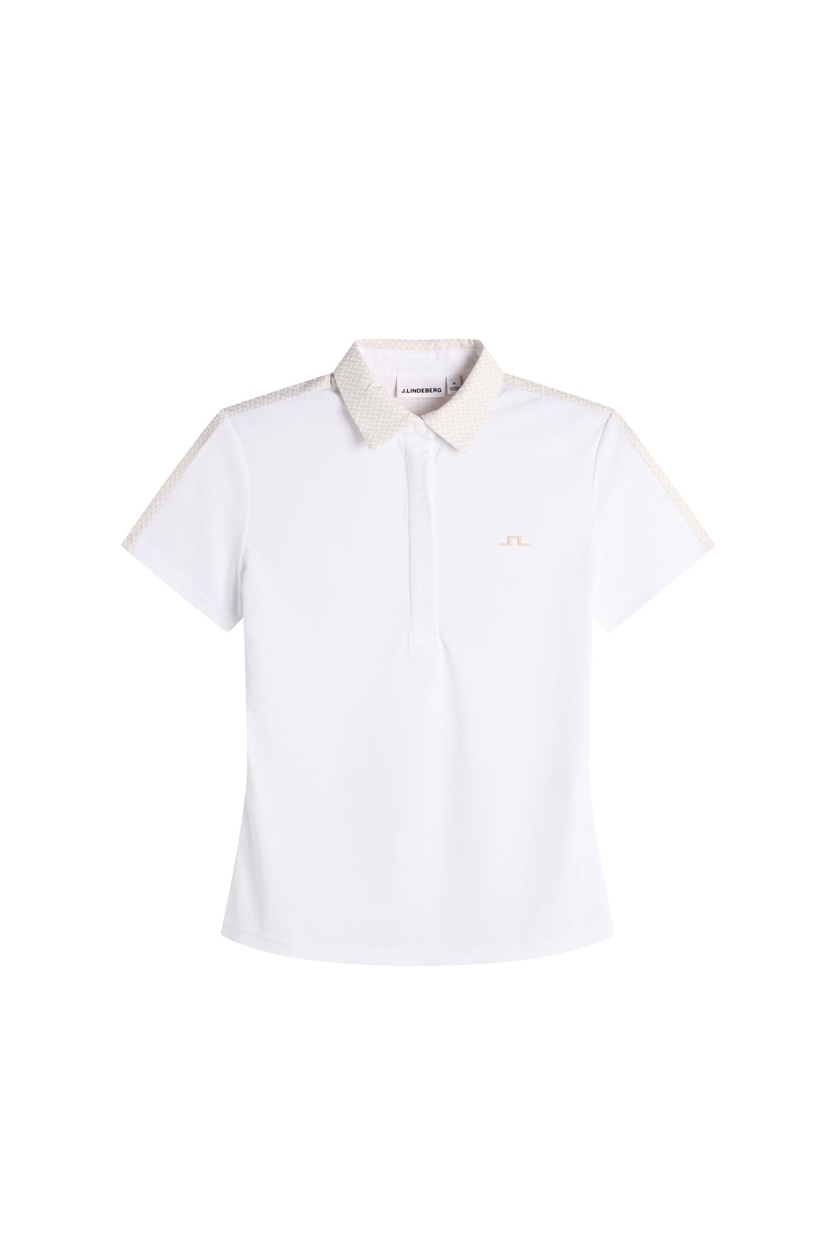 J.Lindeberg Cara Polo Print White – framifrån som visar rent vitt tyg och regular fit