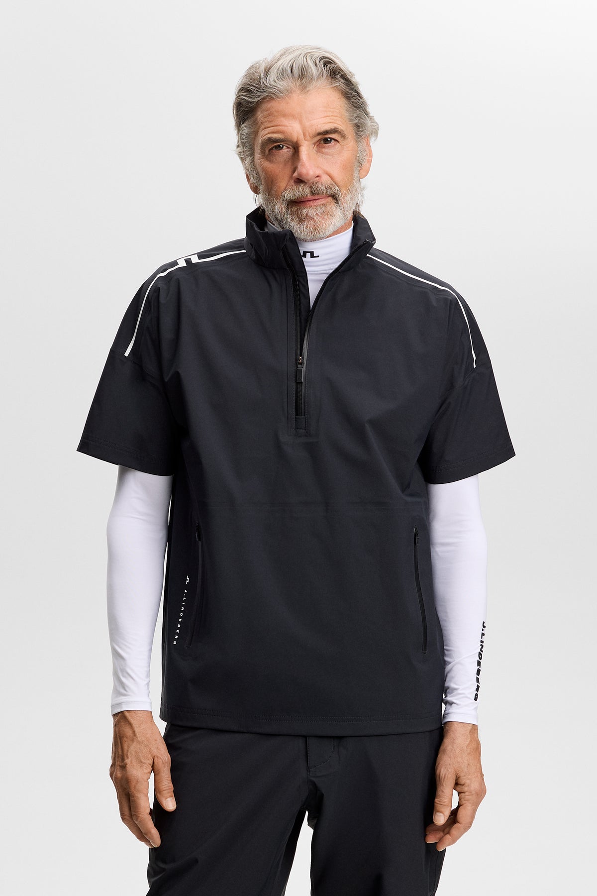 J.Lindeberg Shay Rain Shirt Black – back view showing JL Bridge stripe on shoulder