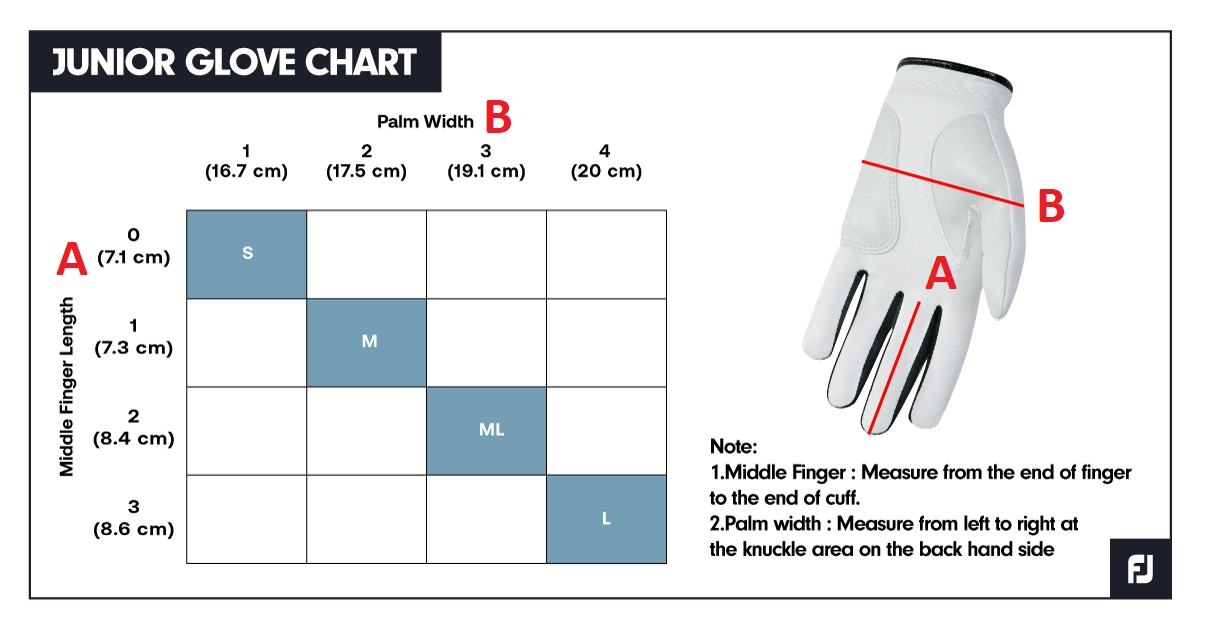 Storleksguide för FootJoy FJ Junior golfhandske